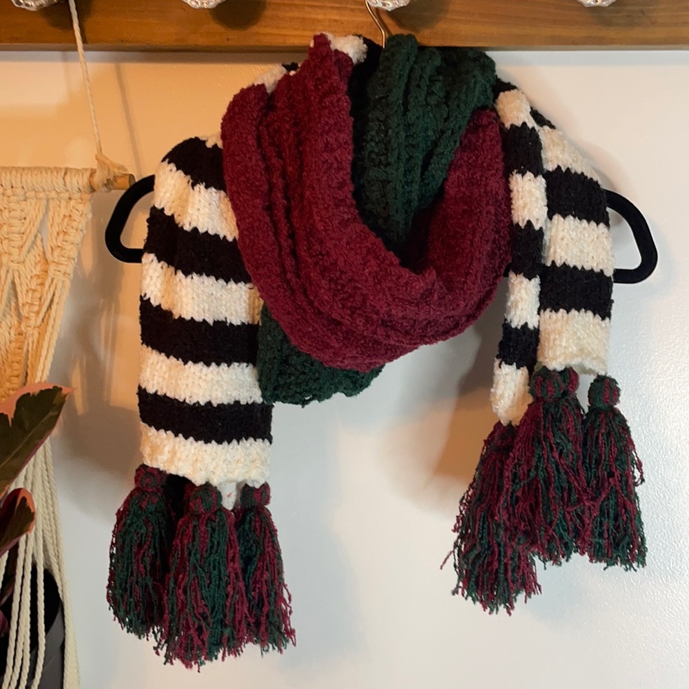 Free People oversized extra long scarf red green striped black and white
